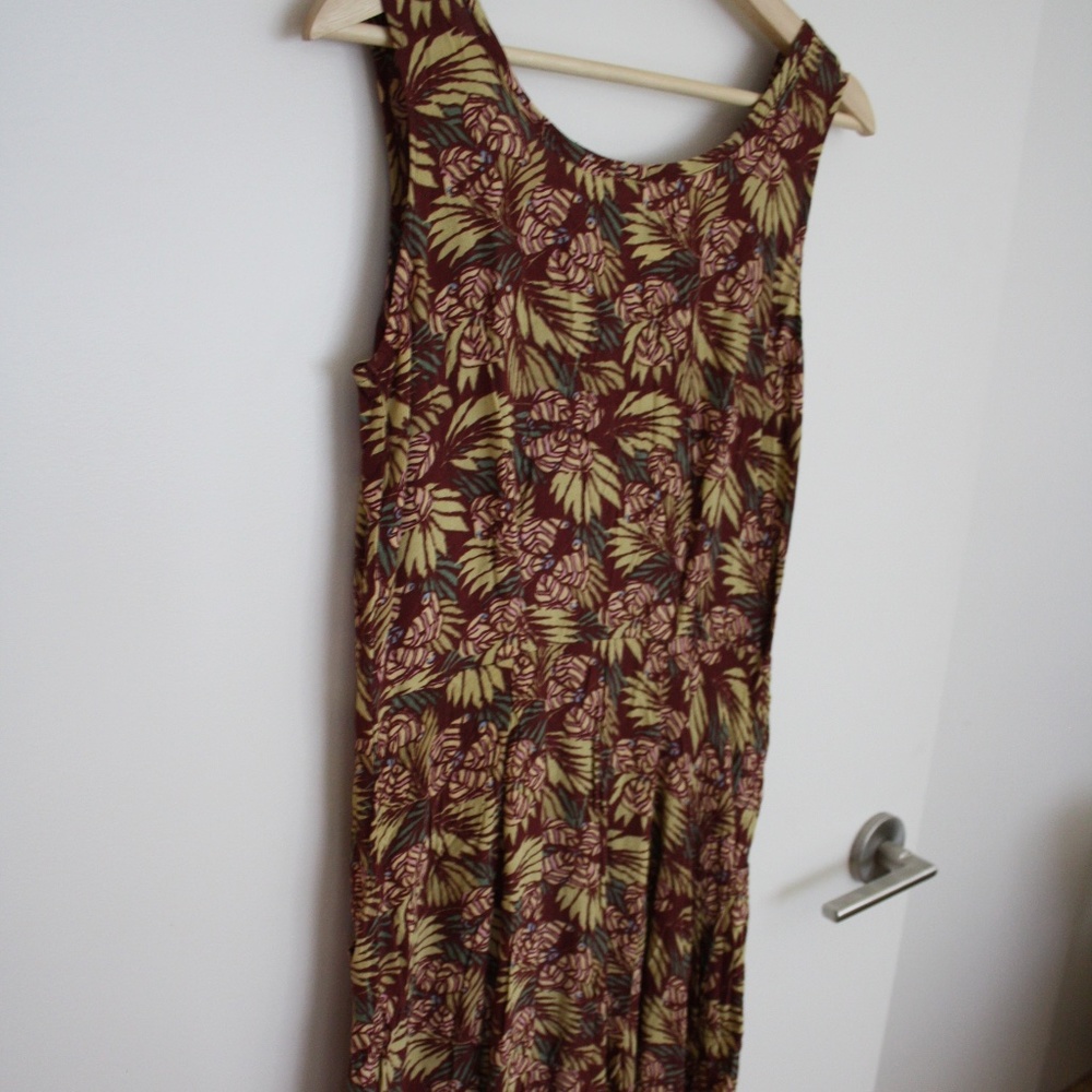 Tropical floral print FLAX skater dress rayon sz P